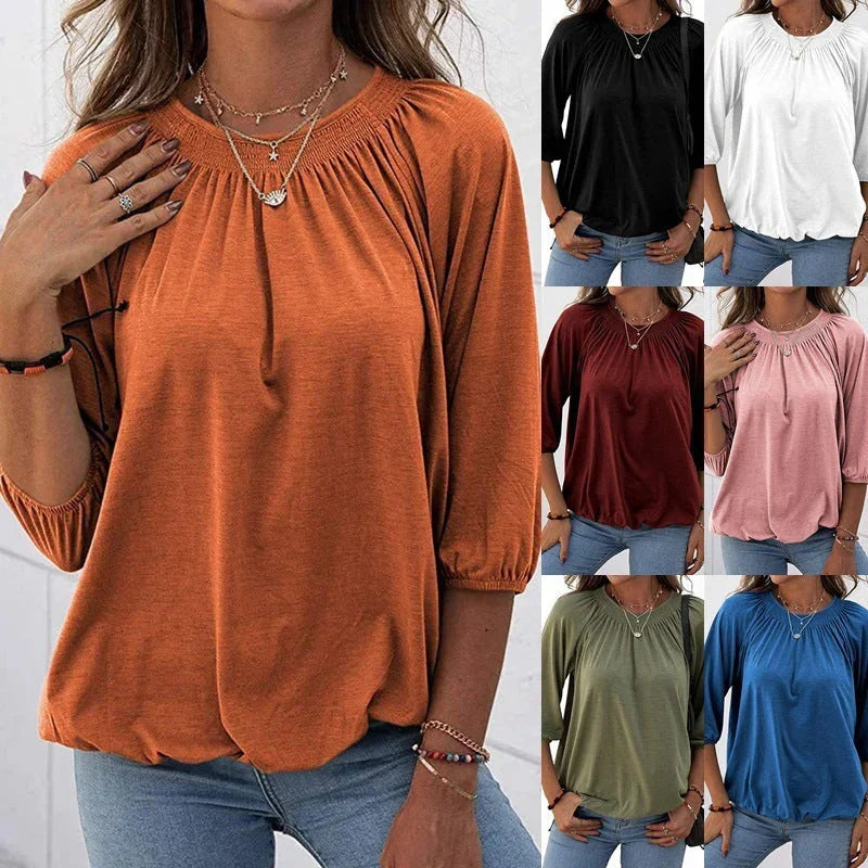 Women's Autumn Hot Selling Temperament Pullover Round Neck Loose Three-quarter-length-sleeved T-shirt - VAleG
