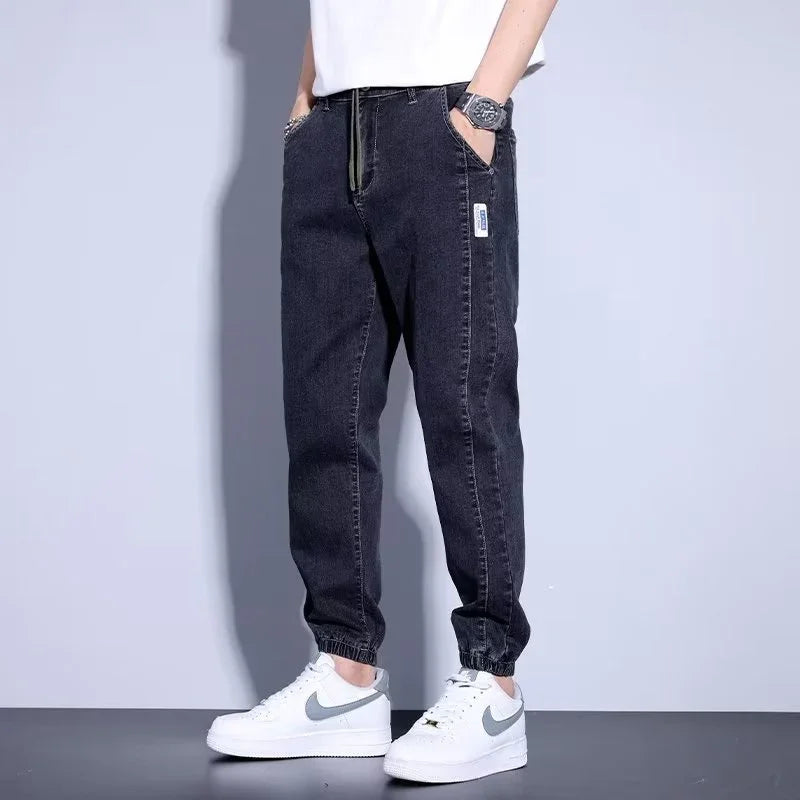 Youth Casual Harem Drawstring Elastic Elastic Beam Foot Type Men's Jeans - VAleG