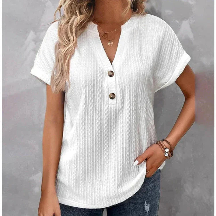 Women's Batwing Sleeve Solid Color And V-neck Button T-shirt - VAleG