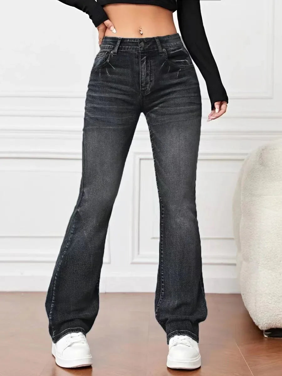Denim High Waist Loose And Slimming Bootcut Trousers - VAleG