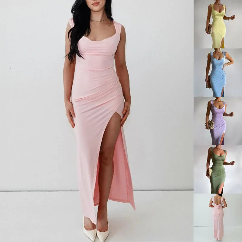 Slim Sleeveless Slit Dress With Back Tie Design Fashion Temperament Dresses For Women Clothing - VAleG