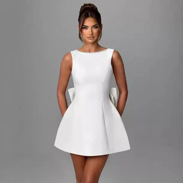Fashion Big-Bowed Pearls Backless Dress Summer Slim Sleeveless A-line Dresses For Party Evening Women's Clothing - VAleG