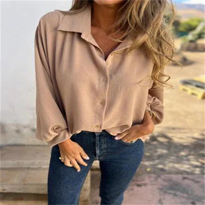 Women's Long-sleeved Lapel Button Shirt Top - VAleG