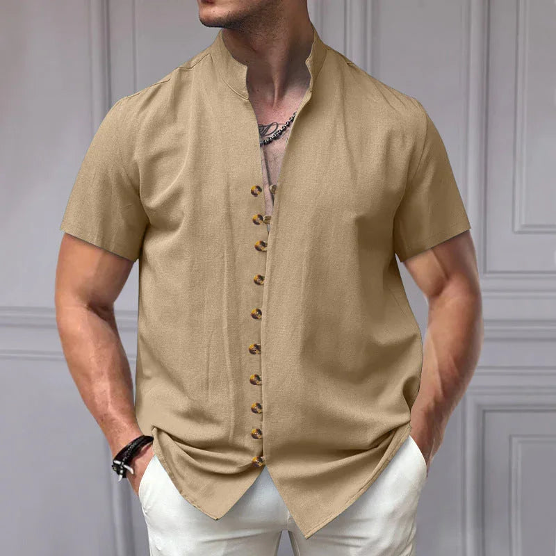 Linen Button Stand Collar Short Sleeve Shirt - VAleG