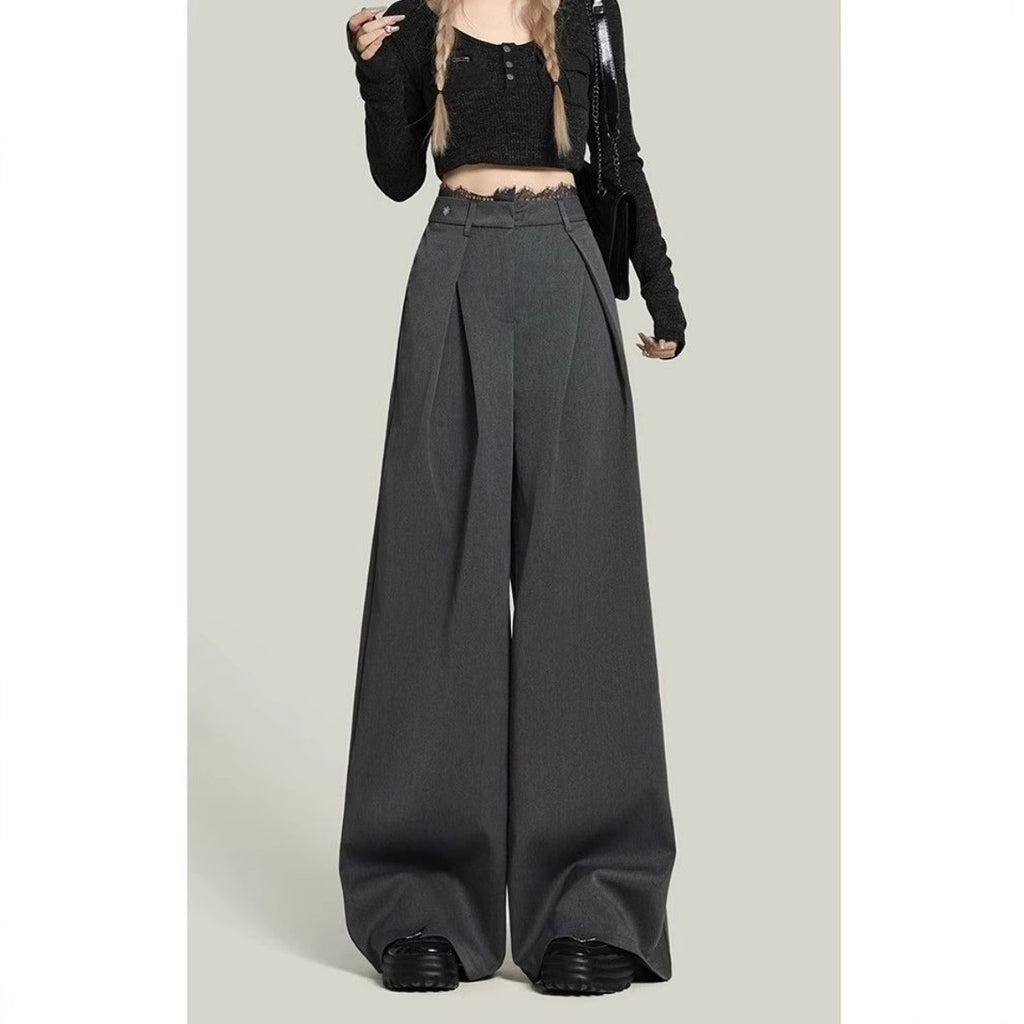Pantaloni casual a gamba larga con cuciture in pizzo nero da donna