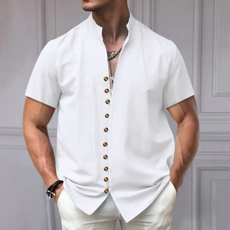 Linen Button Stand Collar Short Sleeve Shirt - VAleG