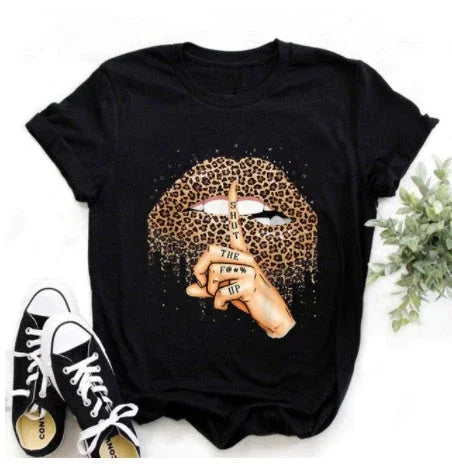 Leopard Print Love Lip Print Fashion Western Style Summer Ladies Print Short-sleeved T-shirt Top - VAleG