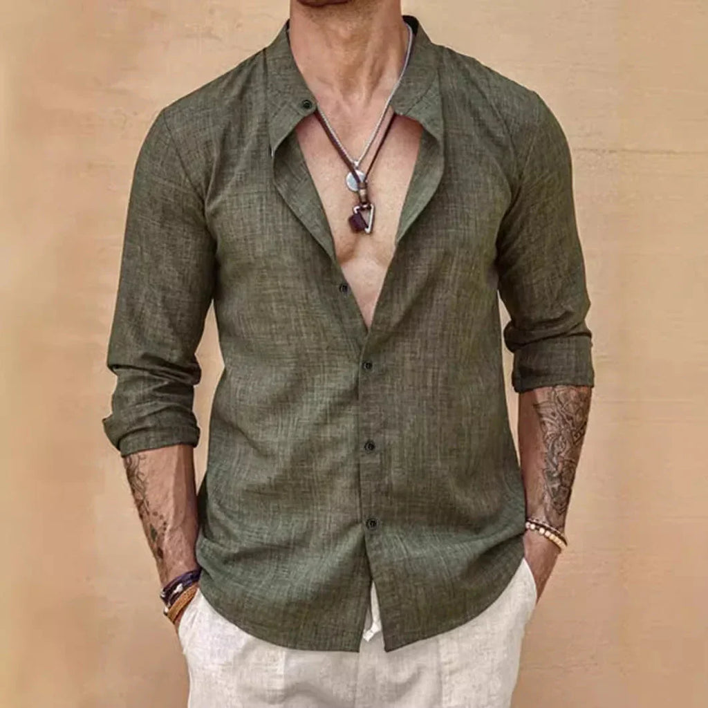 Stand Collar Long Sleeve Men's Cardigan Shirt Men's Top - VAleG
