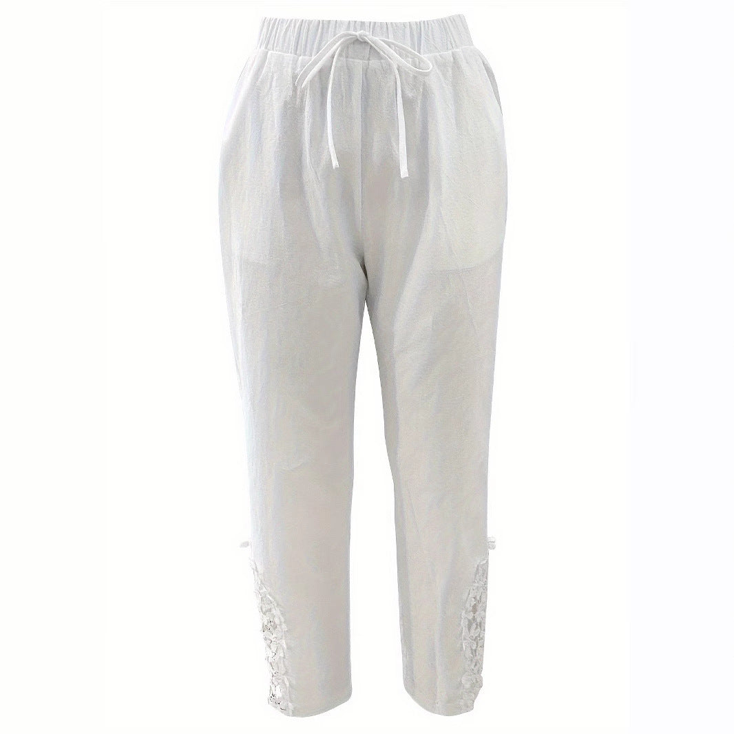 Pantaloni casual dritti da donna con coulisse in pizzo