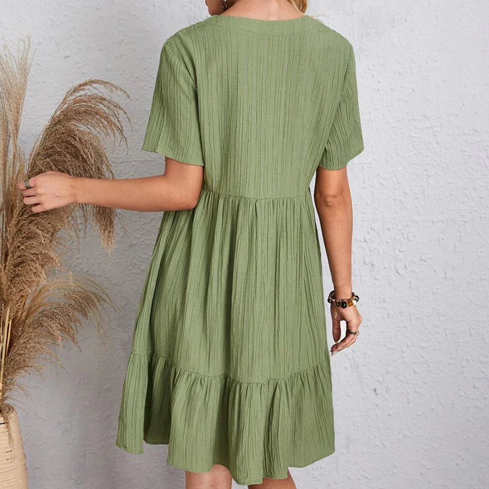 V-neck Short Sleeve Dress Summer Fashion Casual Loose Ruffled Dresses Beach Clothing Women - VAleG