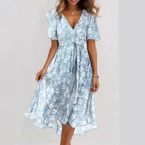 Chiffon Printed Short Sleeve Dress Summer Elegant V-neck Dresses Womens Clothing - VAleG