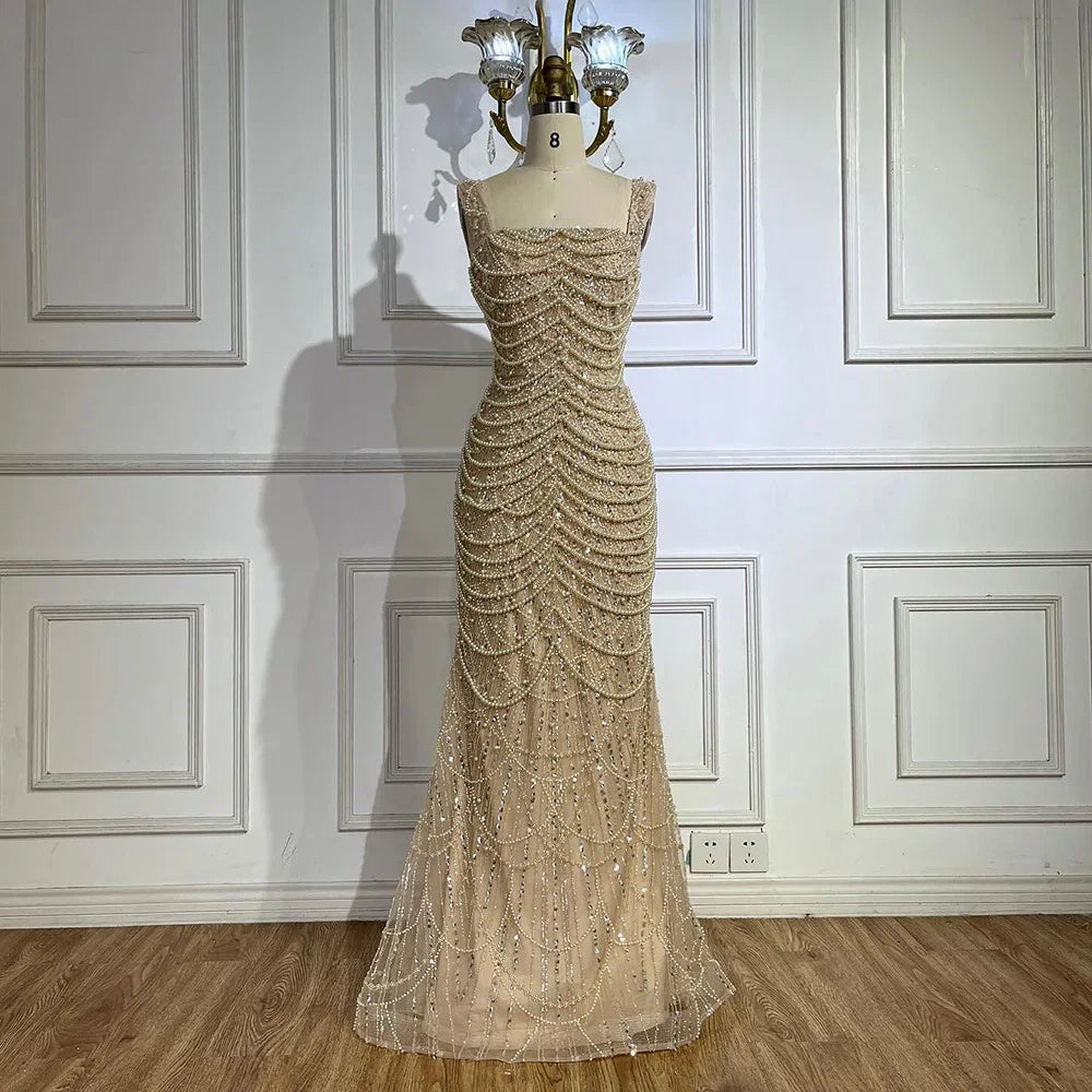 Nude Elegant Sling Light Luxury High-end Pearl Beaded Dress - VAleG