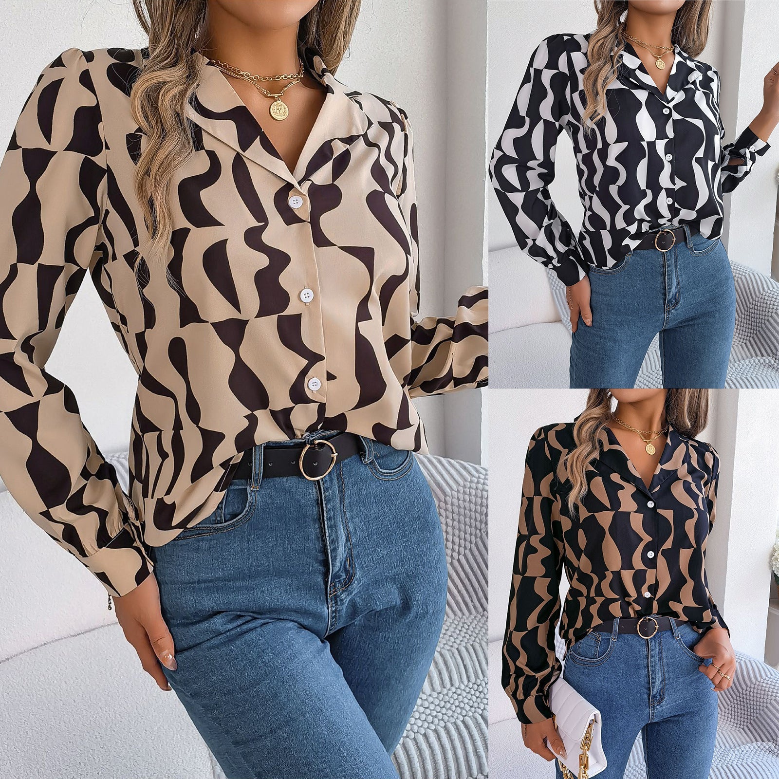 Commuting Elegant Contrast Color Striped Suit Collar Long Sleeve Shirt VAleG