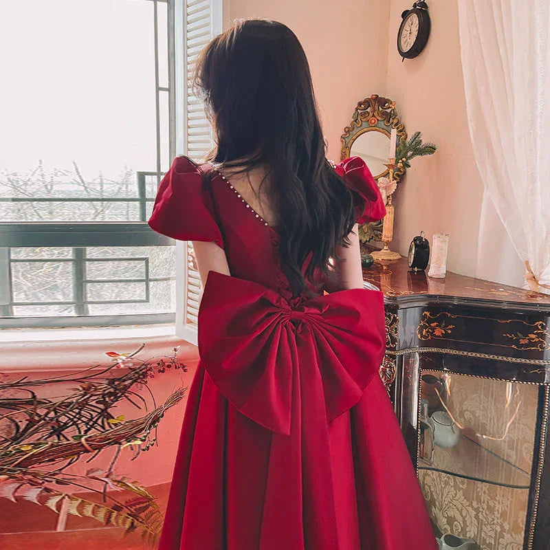 Winter Wine Red Engagement Daily French Princess On The Run Satin Dress - VAleG