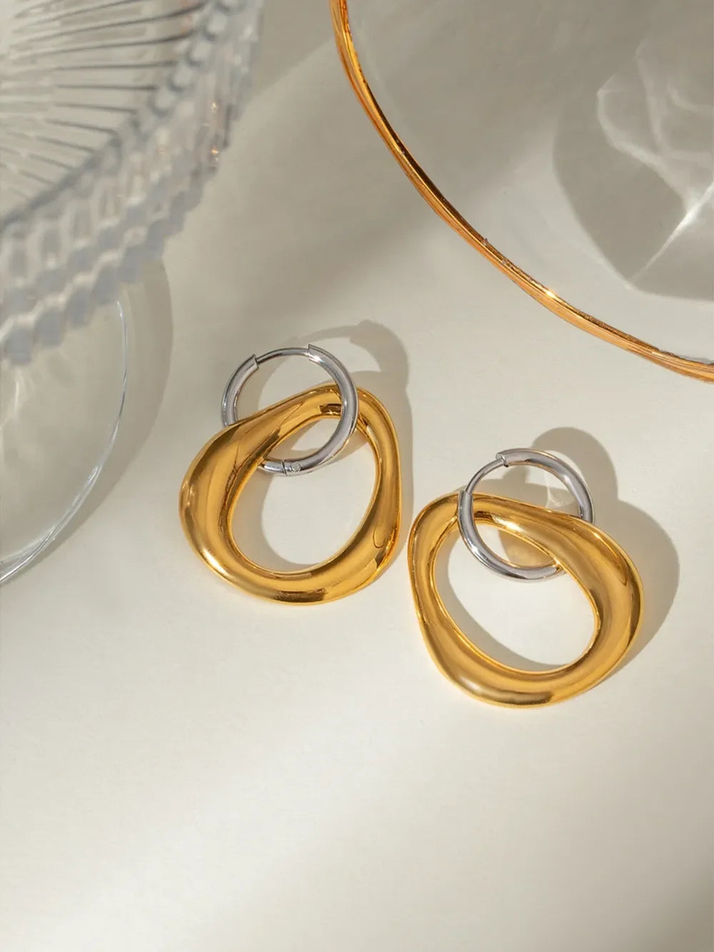 18K Gold-Plated Stainless Steel Contrast Asymmetrical Earrings - VAleG