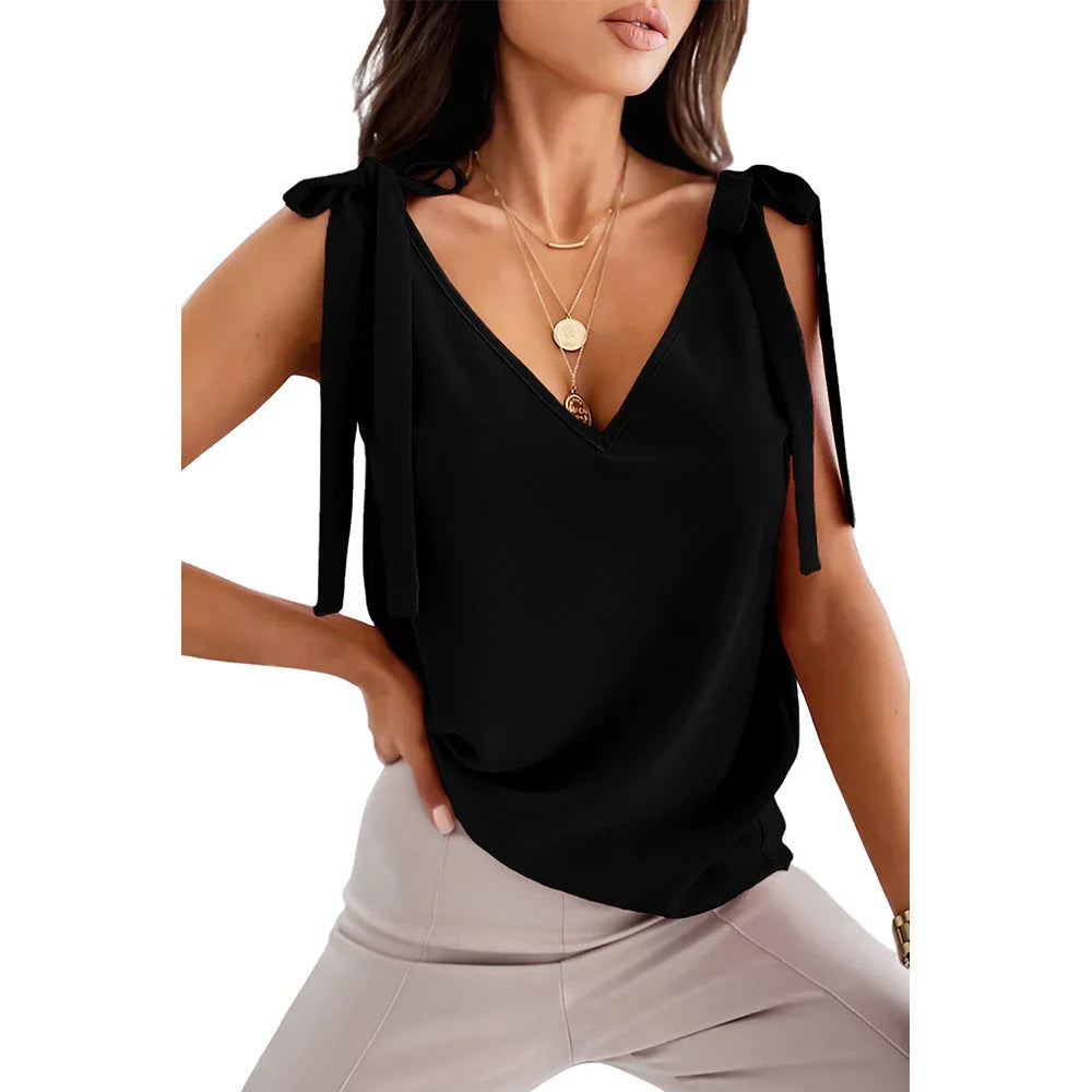 Shoulder Lace-up Bow Suspenders Vest Women's Sweet V-neck Top - VAleG