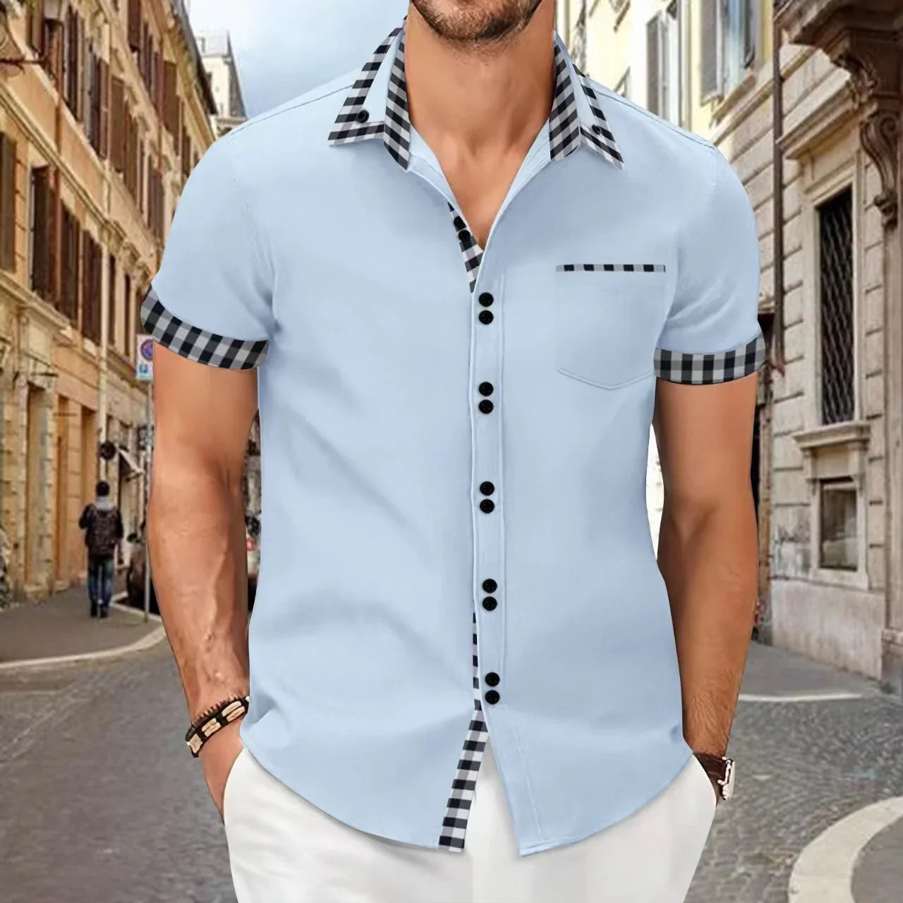 Men's Shirt Casual Pocket Stitching Contrast Color Top - VAleG