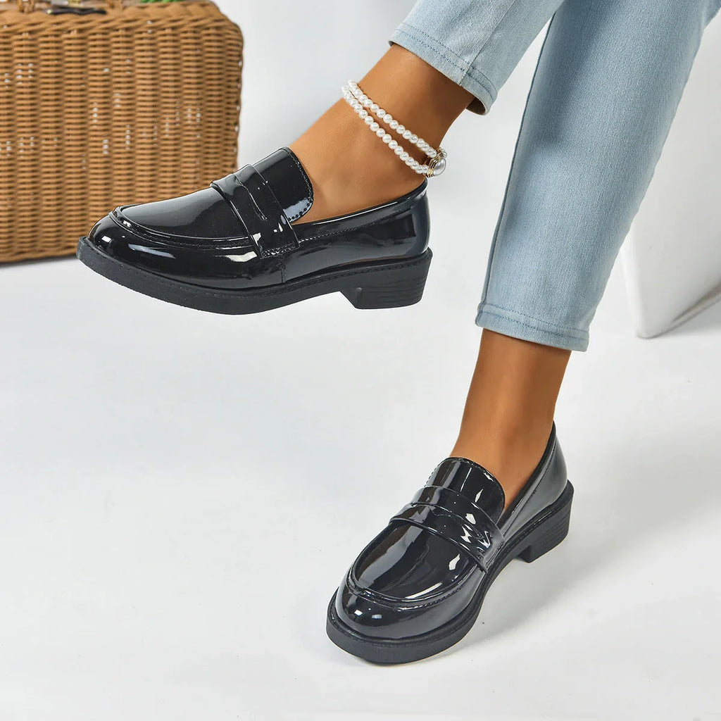 Retro Square Toe Platform Height-increasing Leather Shoes Women's Uniform Shoes - VAleG