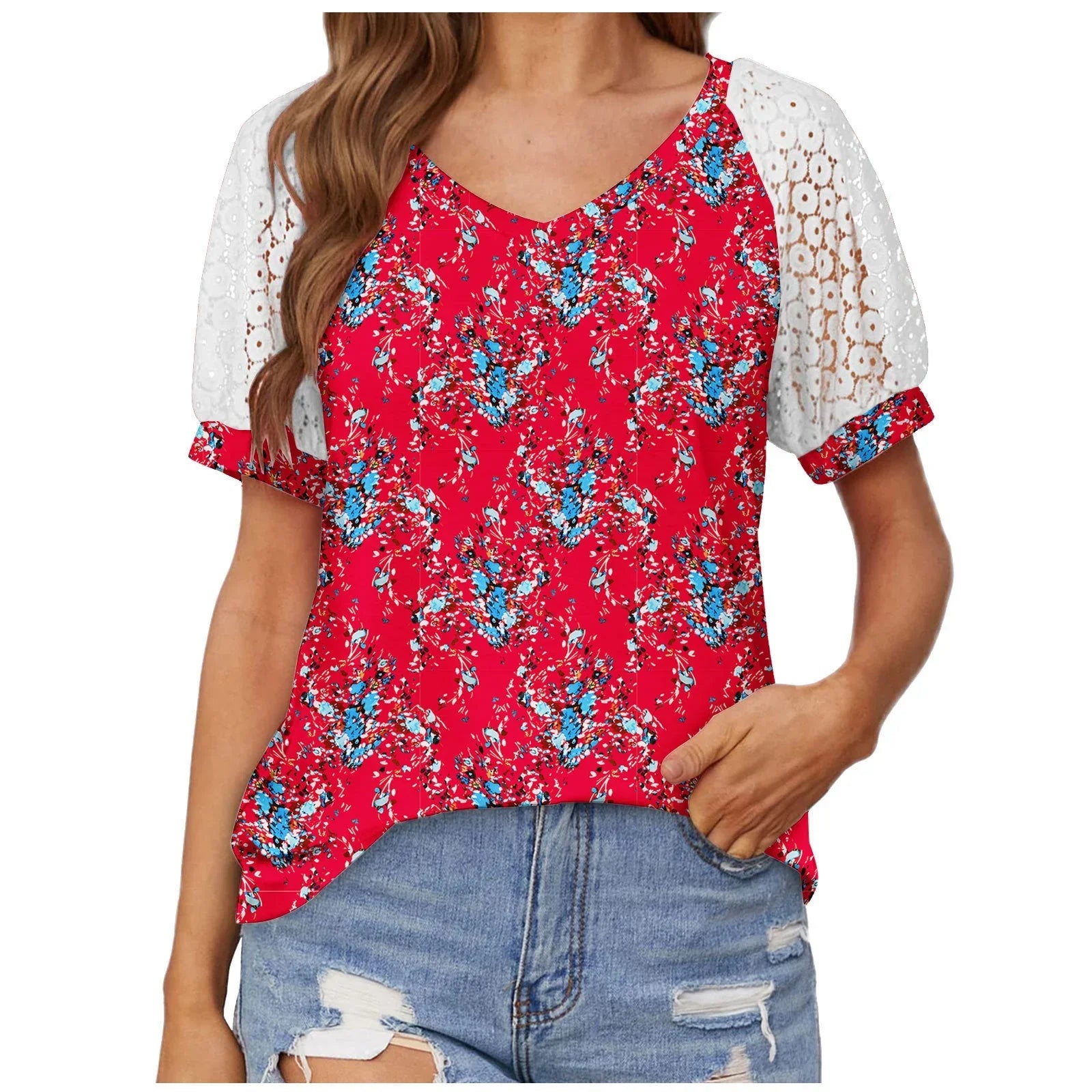 V-neck Lace Stitching Casual T-shirt For Women - VAleG