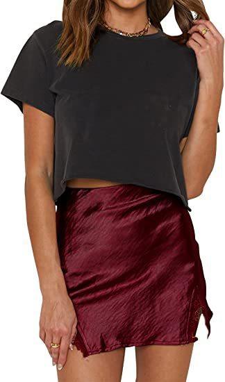 Women's Satin Lace Furcal Lower Hem Zipper High Waist Mini Skirt Hip Skirt - VAleG