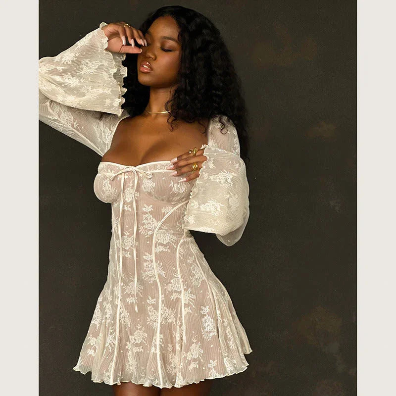 Lace Square Collar Dress Bell-bottom Long Sleeve Tied A- Line Dresses Womens Clothing - VAleG