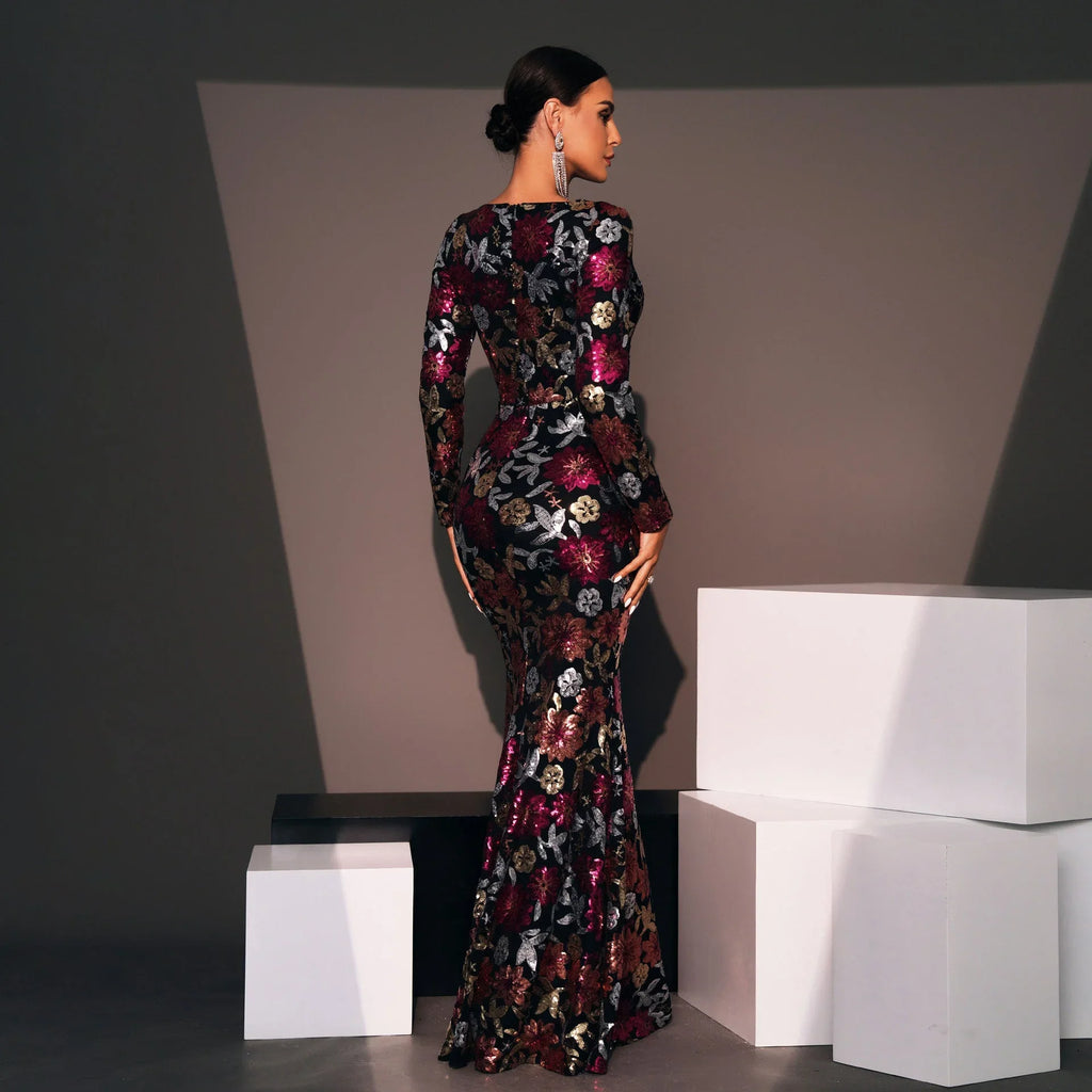 Evening Gown Long Sleeve Temperament Crew Neck Long Sequined Banquet Bridesmaid Dress - VAleG