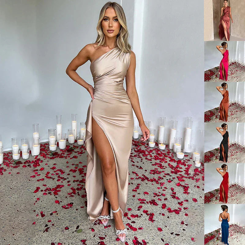Sexy One-shoulder Backless Slit Dress Summer Elegant Slim-fit Solid Color Satin Dresses For Women - VAleG