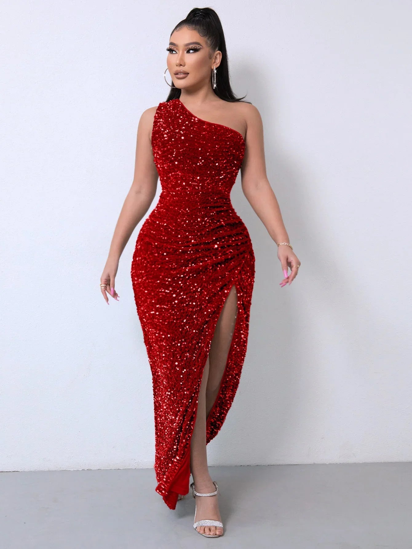 Foreign Trade Sleeveless One Shoulder Slash Neck Sequins Gorgeous Slit Women's Dress - VAleG
