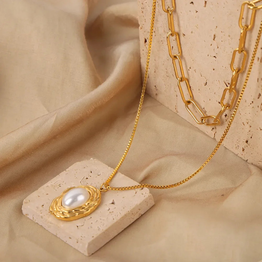 Inlaid Pearl Double-Layered Titanium Steel Necklace - VAleG