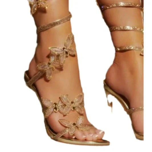 Sexy Fashion Rhinestone Shiny Butterfly Stiletto Heel Stiletto Strap Winding Sandals - VAleG