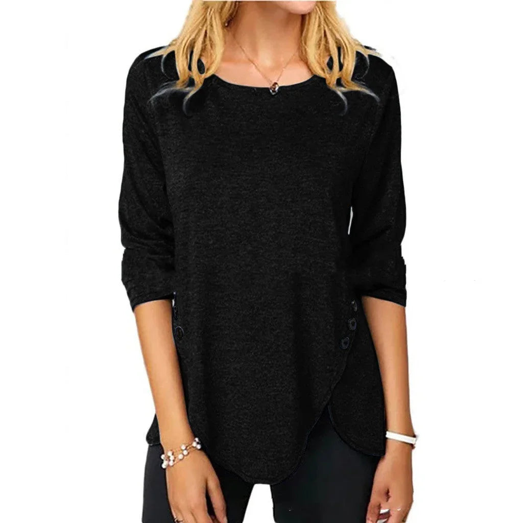 Irregular Button Hem Long Sleeved Round Neck Oversized T-shirt - VAleG