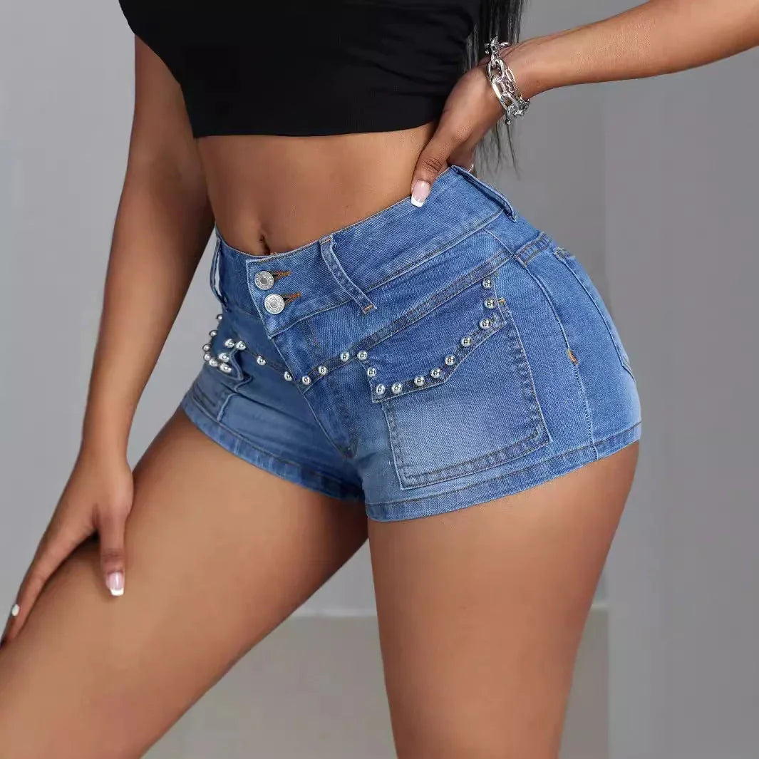 Mid-low Waist Beaded Mid-elastic Denim Shorts - VAleG