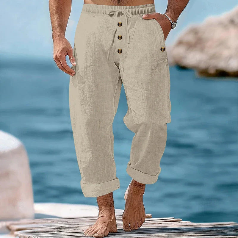 American Beach Pants Solid Color Cotton Linen Loose Drawstring Button Casual Trousers Men - VAleG