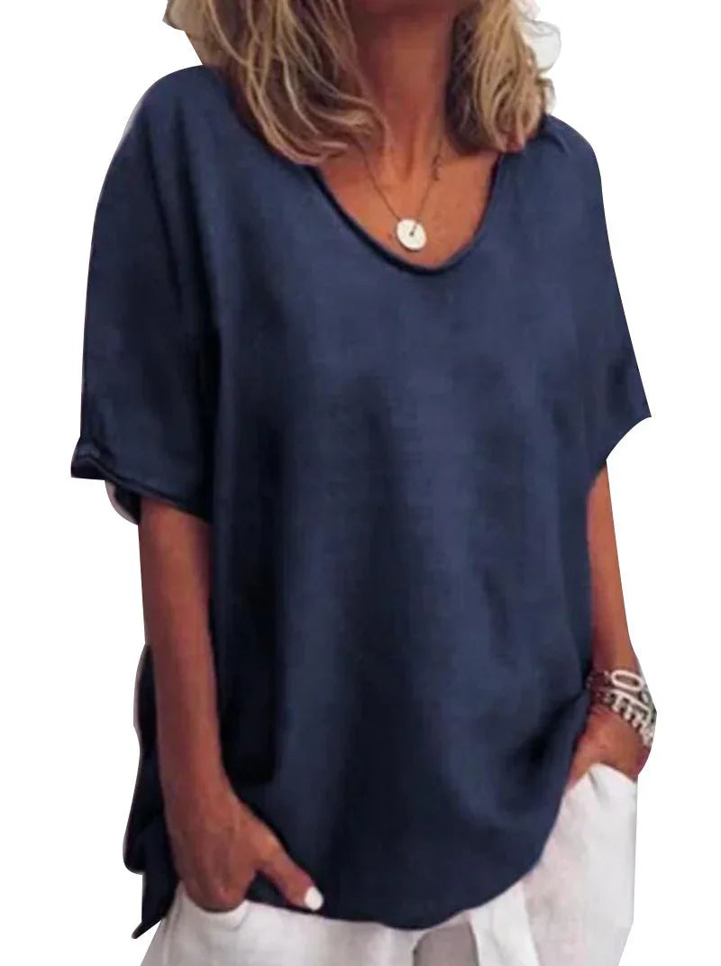 Cotton And Linen Solid Color Short-sleeved T-shirt Women's Casual Coat - VAleG