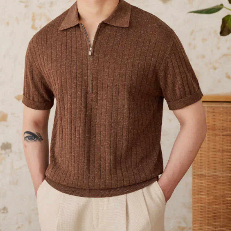 Linen Blend Lapel Zipper Sunken Stripe Short Sleeve - VAleG