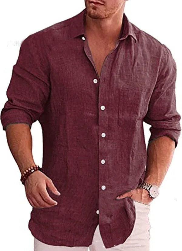 Men's Loose Plus Size Solid Color Shirt Linen Lapel Long Sleeve Casual Shirt - VAleG