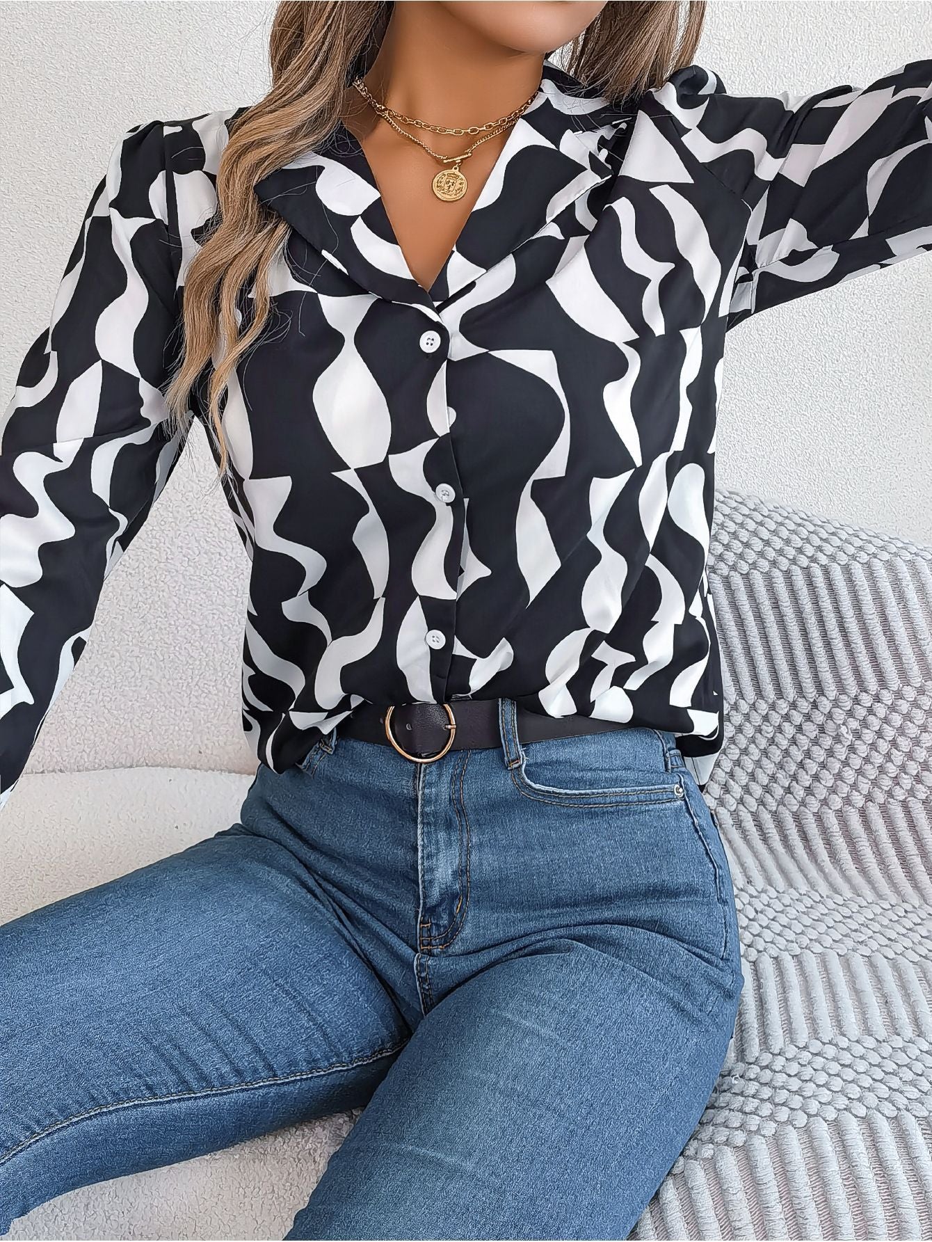 Commuting Elegant Contrast Color Striped Suit Collar Long Sleeve Shirt VAleG