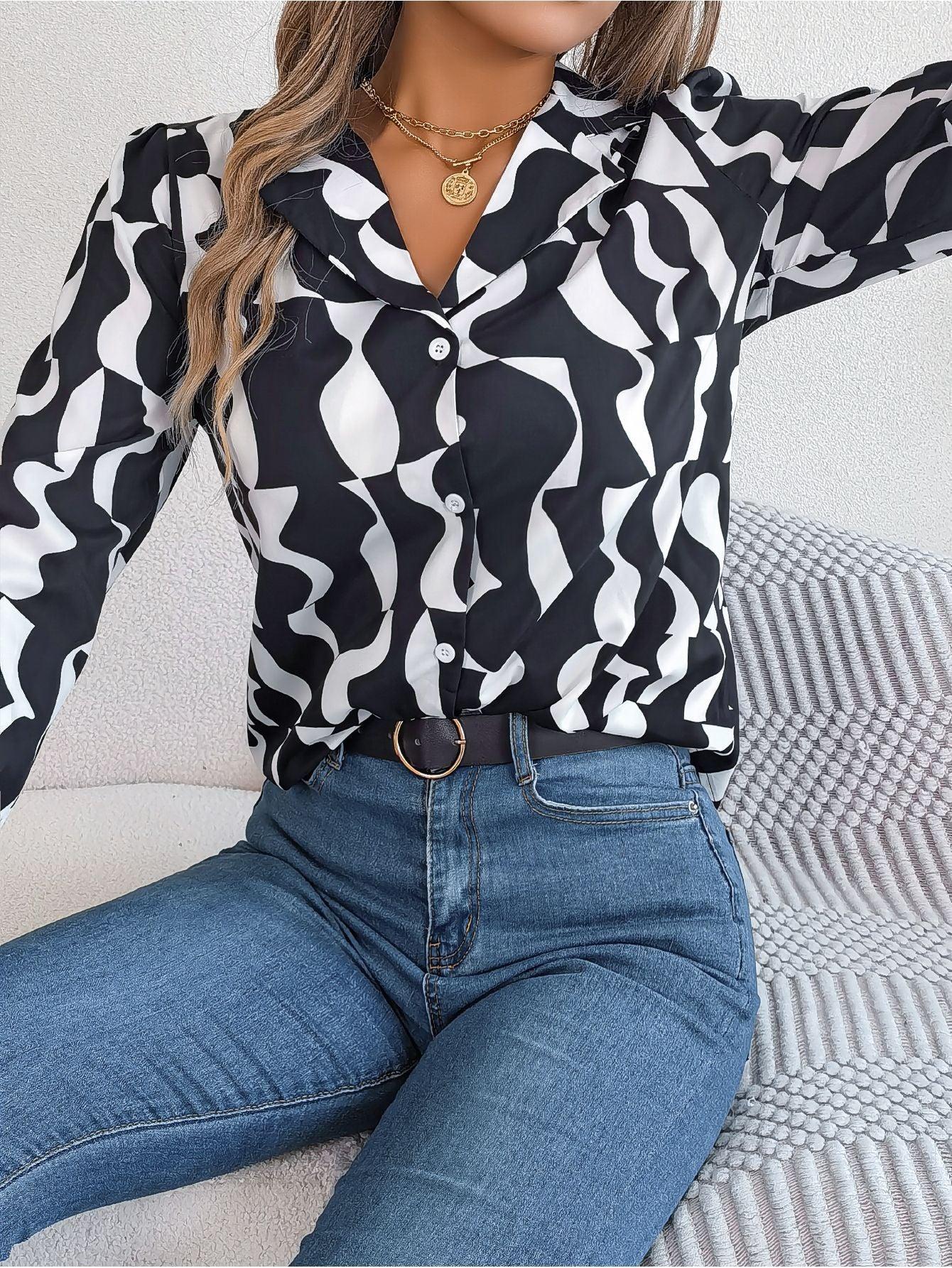 Commuting Elegant Contrast Color Striped Suit Collar Long Sleeve Shirt - VAleG