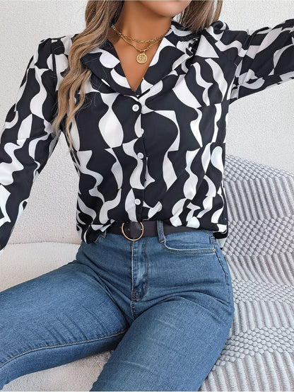 Commuting Elegant Contrast Color Striped Suit Collar Long Sleeve Shirt VAleG