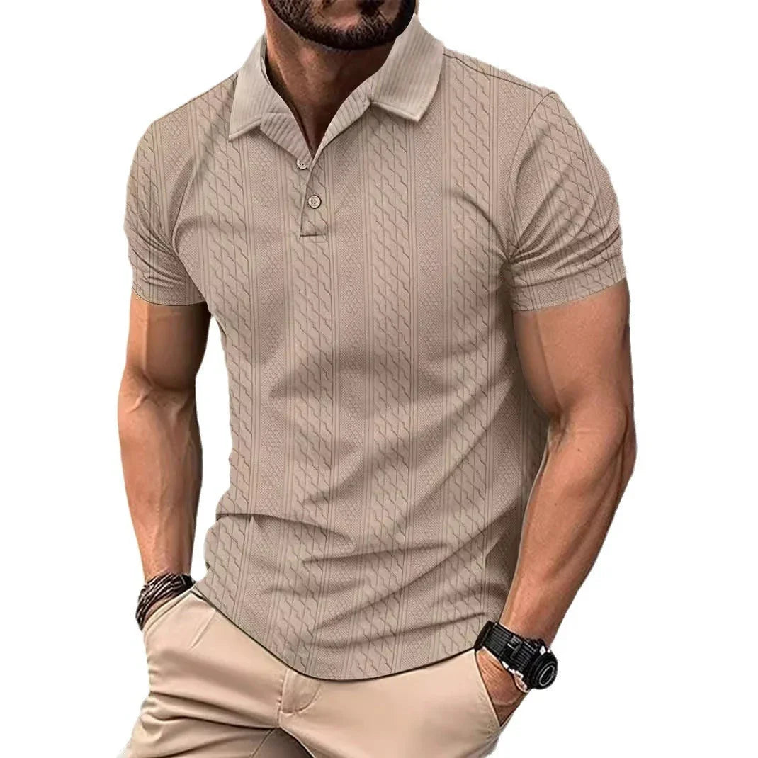 Simple Fashion Solid Color Polo Collar Men's Button Jacquard Short Sleeve - VAleG