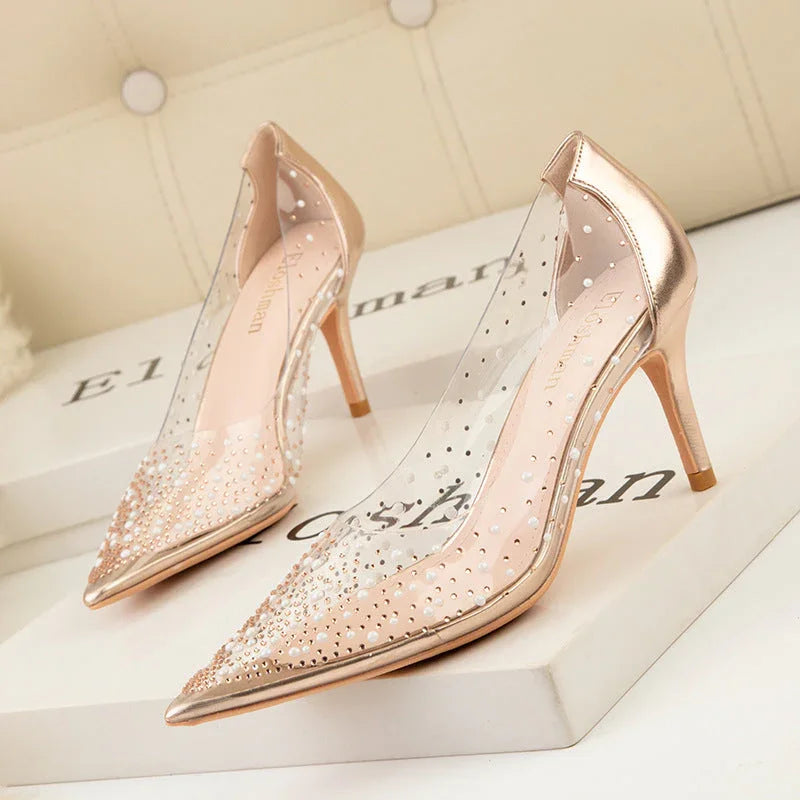 Transparent Cutout Pearl Shining Rhinestone Women's Shoes - VAleG