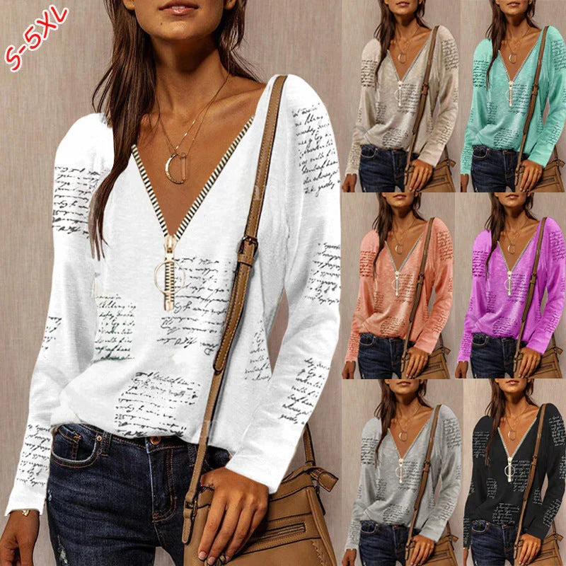 Zipper V-neck English Print Long Sleeve Casual Top - VAleG