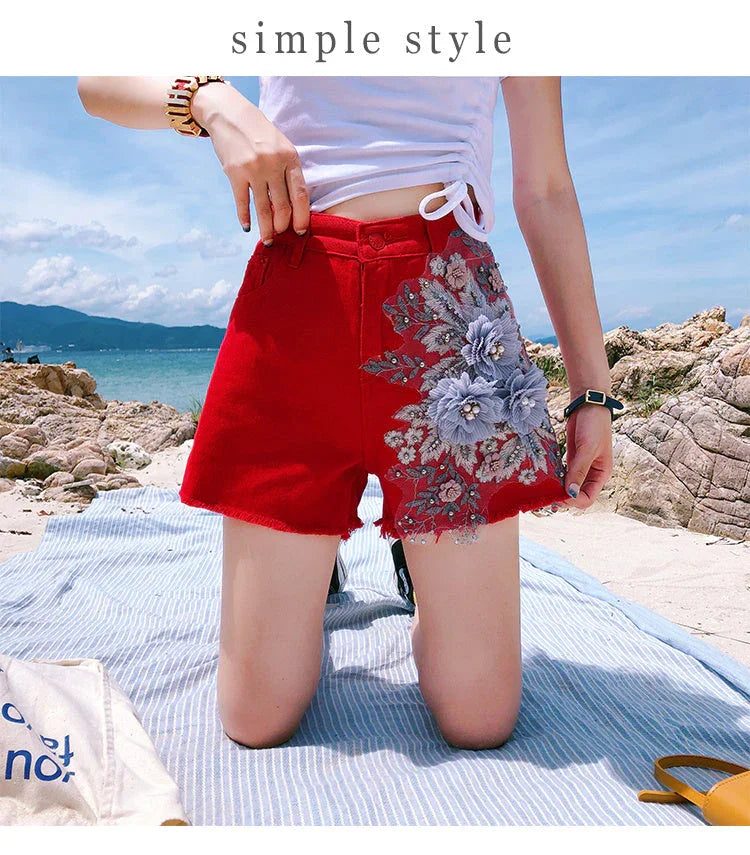 Pants Women's Spring And Summer New Heavy Industry Applique High Waist Denim Shorts - VAleG