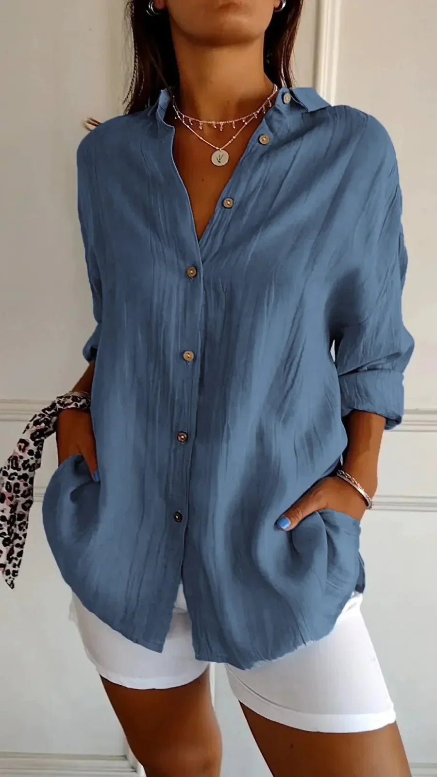 Lapel Long Sleeve Shirt Women's Single-breasted Pleated Shirt - VAleG