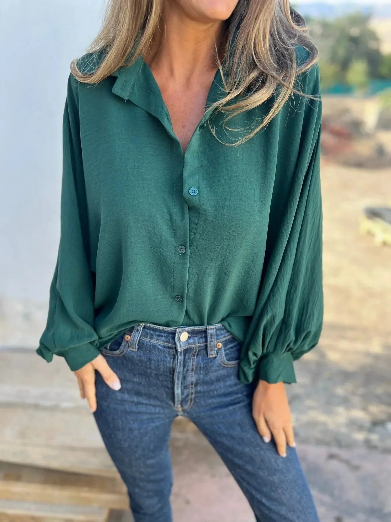 Women's Long-sleeved Lapel Button Shirt Top - VAleG