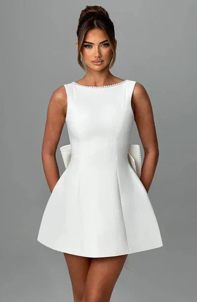 Fashion Big-Bowed Pearls Backless Dress Summer Slim Sleeveless A-line Dresses For Party Evening Women's Clothing - VAleG