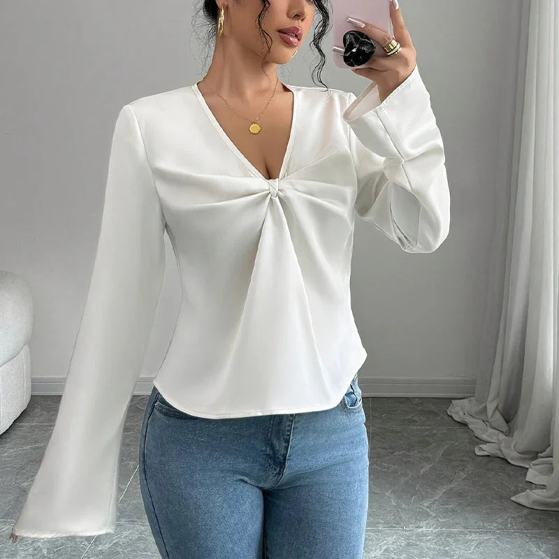 Women's Elegant Solid Color V-neck Ruffled Front Flared Sleeve Shirt - VAleG