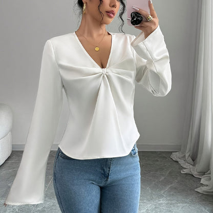 Women's Elegant Solid Color V-neck Ruffled Front Flared Sleeve Shirt - VAleG