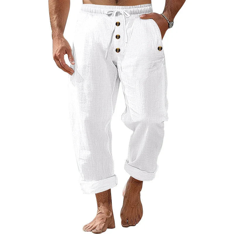 American Beach Pants Solid Color Cotton Linen Loose Drawstring Button Casual Trousers Men - VAleG