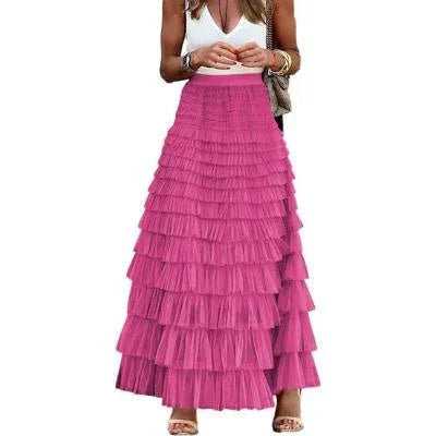 Layered Ruffles Cake Skirt Summer Fashion A Line Swing Mesh Long Skirt Party Dress Women - VAleG